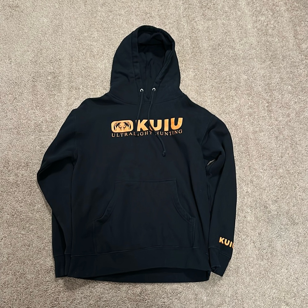 Kuiu hoodie; black with orange letters